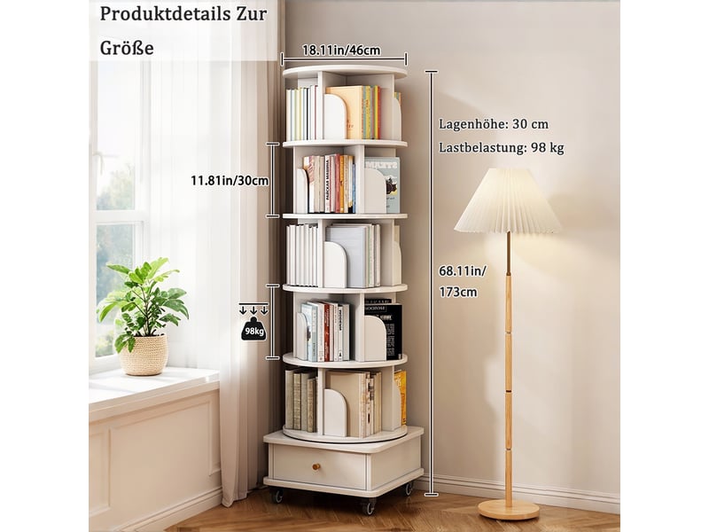  Bibliothèque tournante - 46x46x173cm - 6 niveaux avec tiroir et roulettes - étagère à livres ronde gain de place - blanc  - Conforama E
