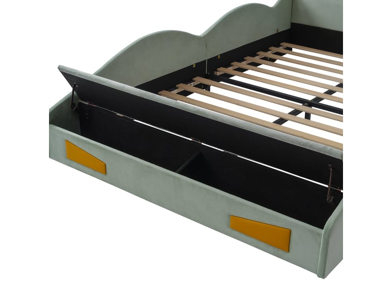  Lit enfant 140 x 200 cm, lit voiture vert en tissu façon flanelle, avec liseuse, port de charge, coffre de rangement au pied du lit  - Conforama E