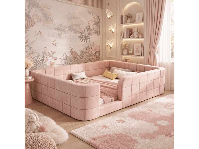 Lit enfant 140 × 190 cm avec barrière rembourrée et entrée basse, sommier à lattes en chenille rose pour chambre - Conforama B