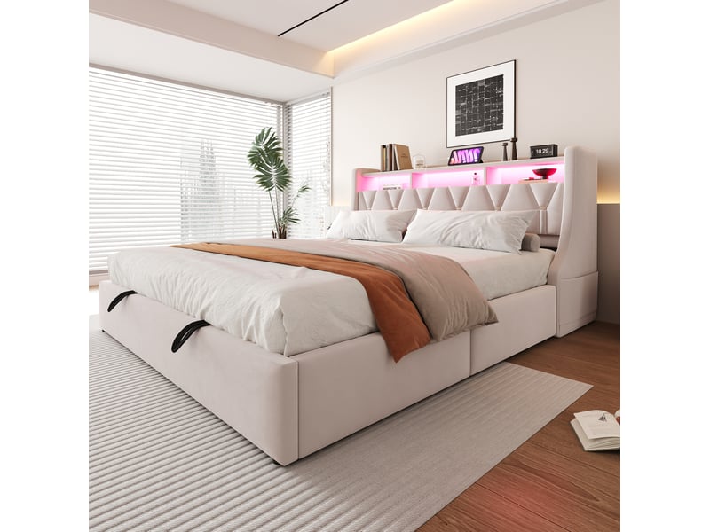  Lit double 180 × 200 cm coffre hydraulique avec tête de lit relevable, led, prises et rangements pour chambre, beige  - Conforama D