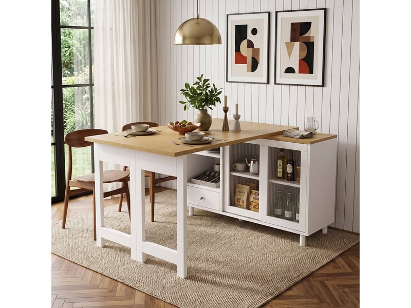  Table à manger pliante, table mobile avec grand rangement, porte vitrée, rotation 360° Fay Lum - Conforama E