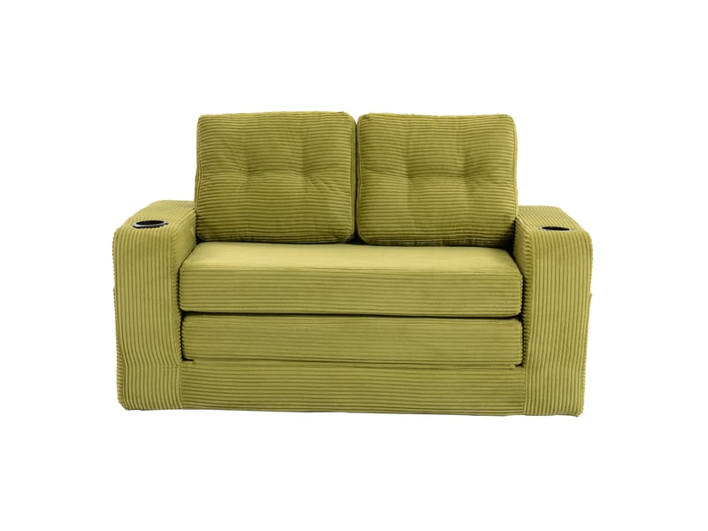  Canapé deux places en velours côtelé vert olive, canapé modulable avec assise 100 cm, coussins moelleux et porte-gobelets  - Conforama A