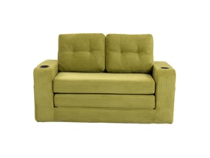 Canapé deux places en velours côtelé vert olive, canapé modulable avec assise 100 cm, coussins moelleux et porte-gobelets