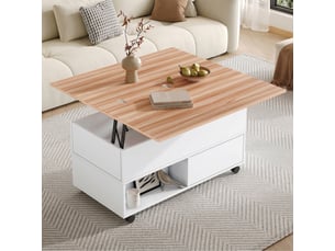 Table basse relevable extensible 100x100 cm avec 4 tiroirs et roulettes, rangement modulable, blanc et bois