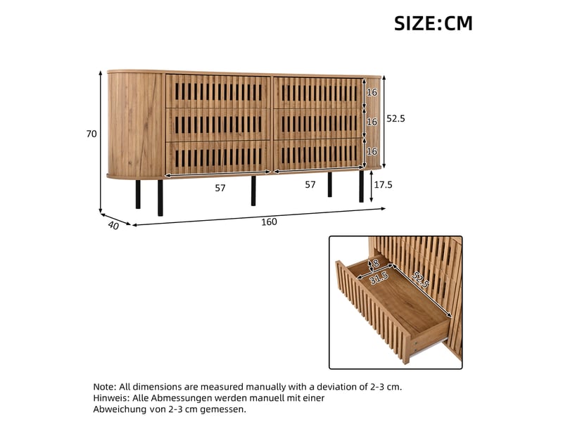  Commode 6 tiroirs - 160x40x70cm - commode basse de salon avec côtelés ajourés &amp; angles arrondis - bois naturel  - Conforama E