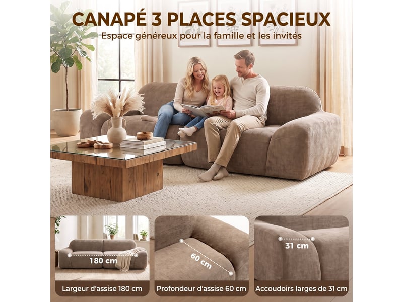 Canapé 3 places en chenille 244 cm, canapé salon moderne, ressorts ensachés, assise et accoudoirs larges, marron clair - Conforama A