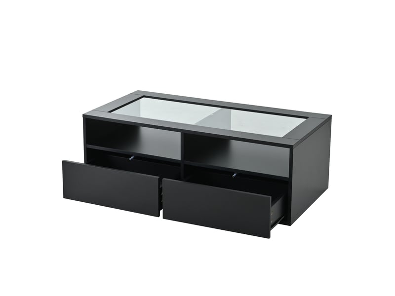 Table basse avec 2 tiroirs et 2 niches ouvertes avec led et alimentation usb pour salon en verre et panneaux noir 100 × 50 × 35 cm - uvrion - Conforama A
