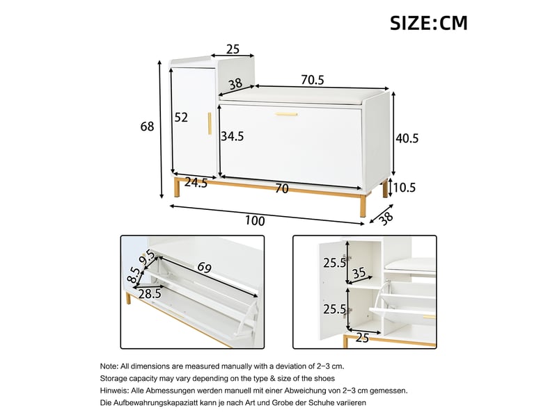  Meuble à chaussures 2 niveaux avec assise rembourrée pour entrée 100×38×68 cm blanc et or  - Conforama E