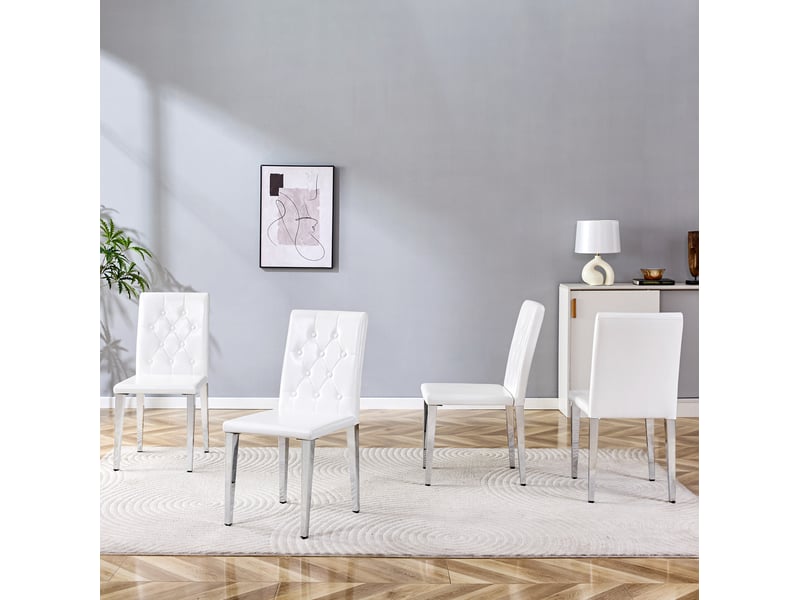  Lot de 4 chaises de salle à manger 89 cm, chaise de cuisine, dossier à piqûres losanges, métal argenté, confort, pu blanc  - Conforama B