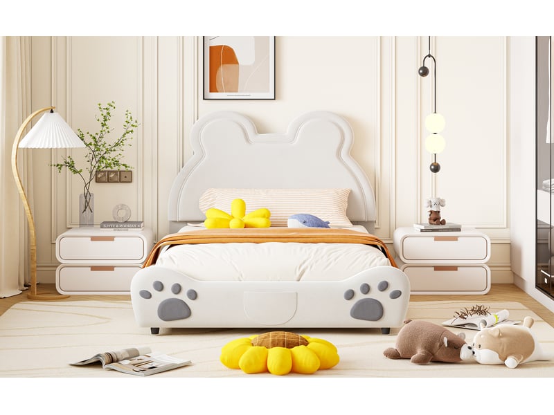 Lit enfant 200×140 cm en forme d’ours, rembourré de velours blanc, avec sommier à 12 lattes  - Conforama C