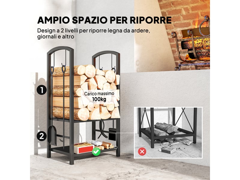  Porte-bûches en métal noir, 2 niveaux surélevés, 4 accessoires, capacité 100 kg  - Conforama R