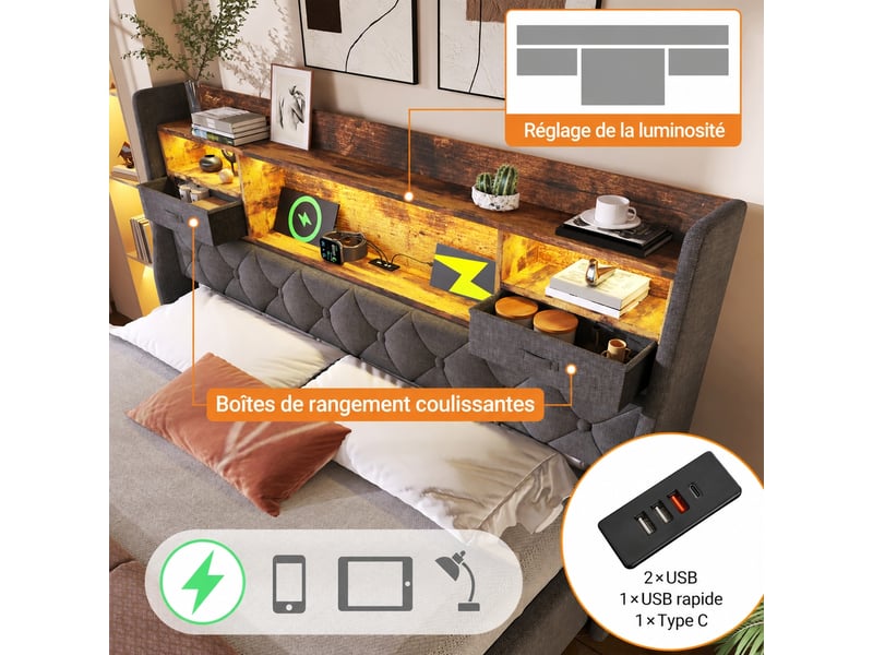 Lit coffre 140x190 cm avec tête de lit led, rangement hydraulique, gris en lin  - Conforama D