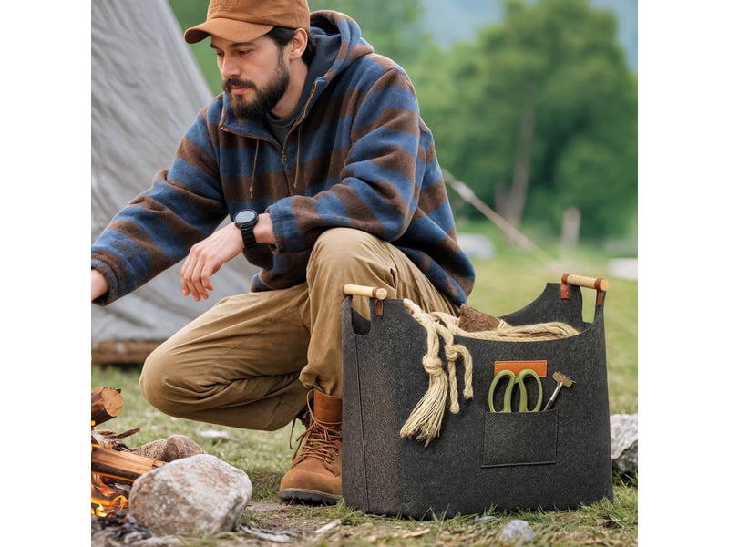 Panier à bûches en feutre pliable 50 l, poignées en bois, charge 15 kg, gris - Conforama C