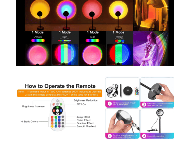  Lampe coucher de soleil led rgb 16 couleurs 180° – 2 télécommandes incluses  - Conforama B