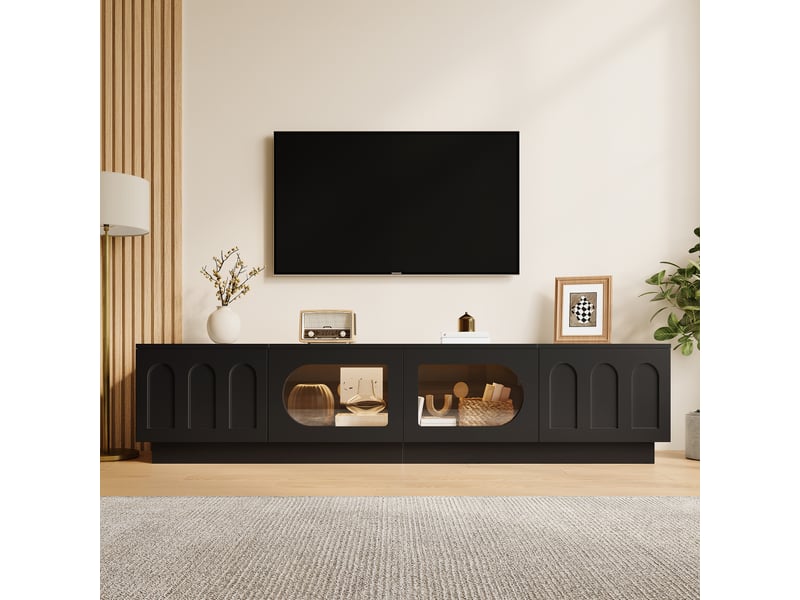  Meuble tv 200 x 40 x 42 cm blanc mdf avec portes vitrées et led via application pour salon  - Conforama B