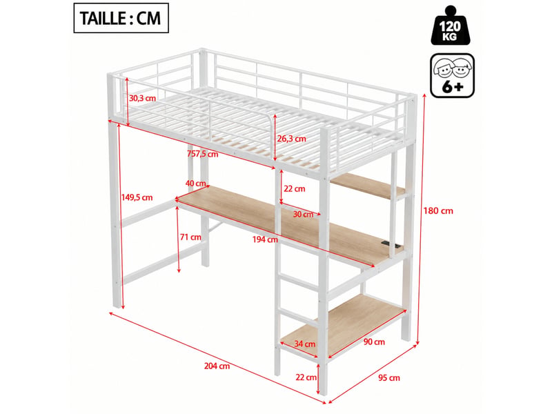 Lit mezzanine enfant 90 x 200 cm avec bureau et étagères de rangement, structure en métal blanc et mdf - Conforama C