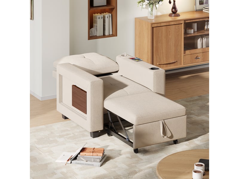  Canapé convertible avec coussins de dossier réglables, porte-gobelets et table pliante ,beige  - Conforama E