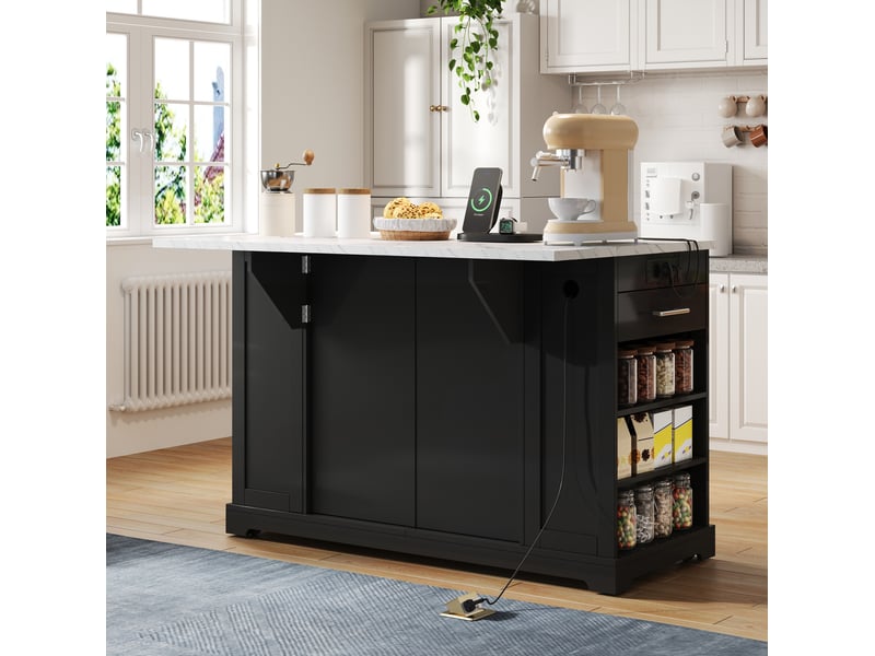  Îlot de cuisine modenvie à plateau rabattable 138 x 86 x 92 cm noir effet marbre avec roulettes et prises  - Conforama E