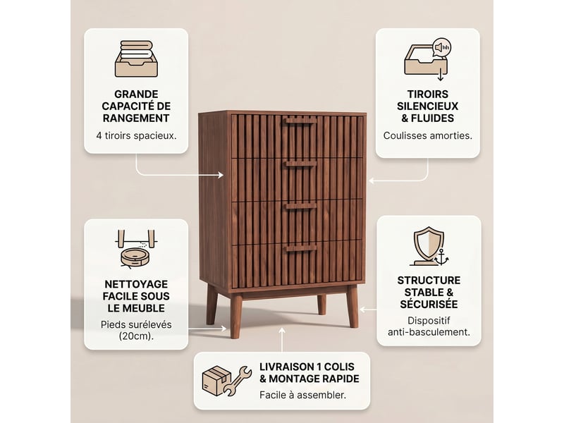 Commode de rangement, 60x34x91cm, avec 4 tiroirs, en bois, design à lattes, noyer - Conforama C