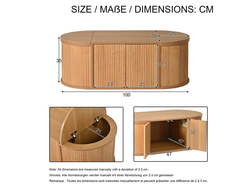  Table basse ovale 100 x 50 x 35 cm, coffres latéraux à couvercles, 2 portes battantes à pression, mdf et panneaux de particules, décor bois clair Luxe haut de gamme - Conforama C