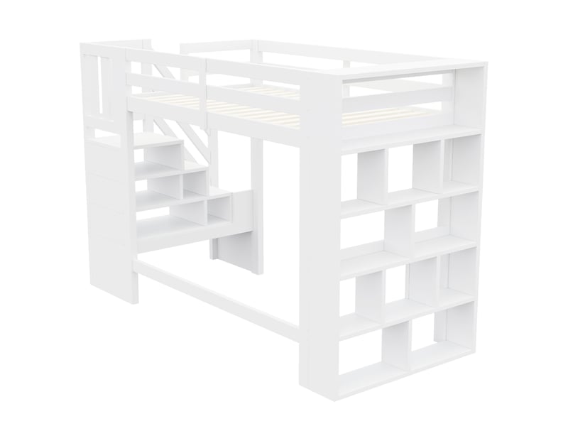 Lit mezzanine 90 × 200 cm, escalier de rangement, étagères ouvertes et led, avec garde-corps, en pin et mdf, blanc - Conforama E