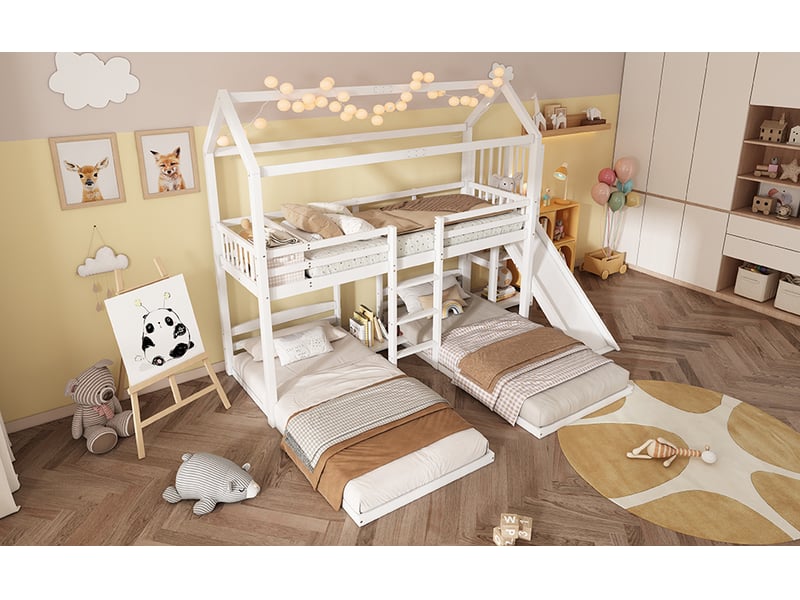  Lit superposé triple cabane avec toboggan - 3 couchages de 90x200cm - échelle à 3 échelons et rangement près du lit supérieur - avec sommier à lattes - blanc  - Conforama B
