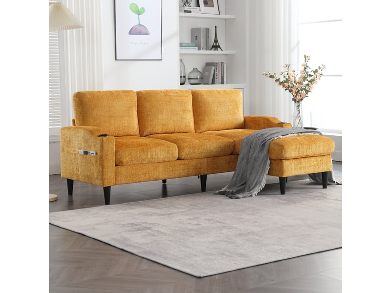  Canapé 4 places avec pouf en chenille douce 196,5 cm - rangement et porte-gobelets  - Conforama D