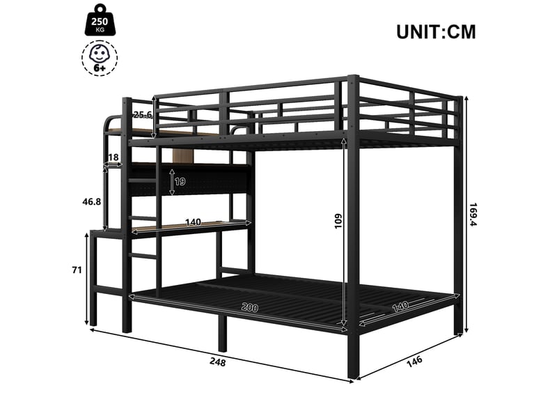 Lit superposé 140x200 cm coloris noir led métal lit enfant noir - Conforama C