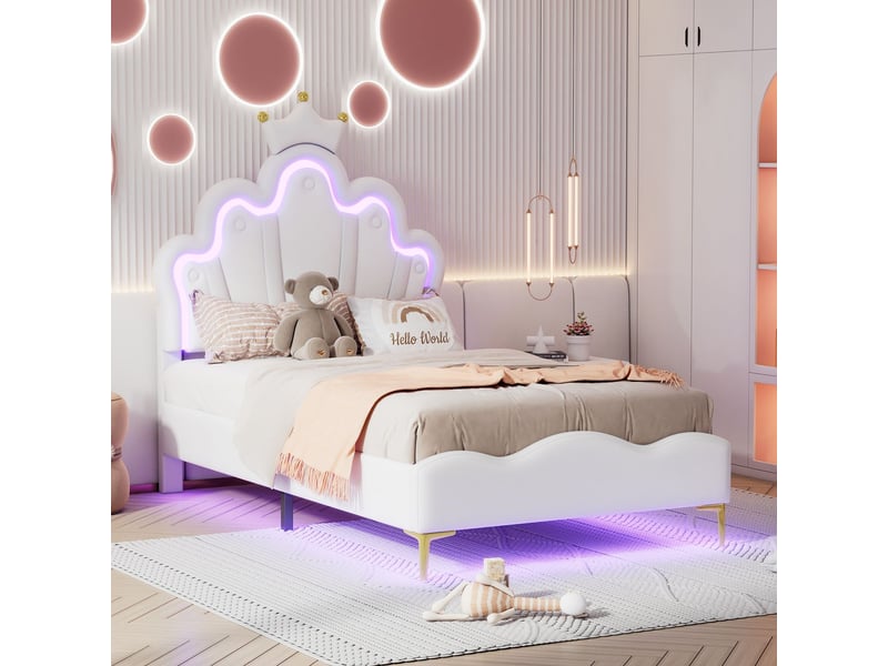 Lit rembourré enfant 90x200 cm forme couronne avec led - lit enfant - similicuir blanc, hauteur réglable, style princesse - Conforama B