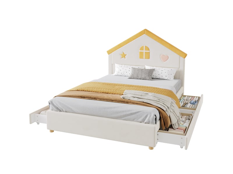 Lit enfant 140 × 200 cm avec 4 tiroirs, tête de lit cabane rembourrée en velours beige pour chambre d'enfant - Conforama A