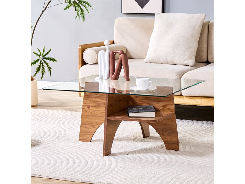 Table basse carrée moderne, verre trempé, pieds mdf effet noyer, 80 × 80 cm, salon et bureau - Conforama B