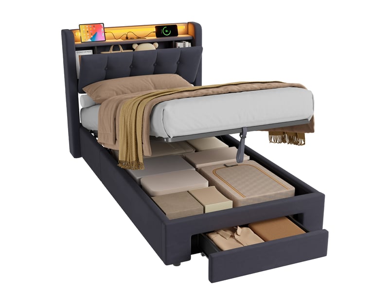  Lit coffre simple 90x200 cm avec led et tiroir, coloris gris  - Conforama A