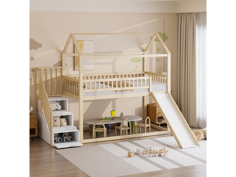  Lit mezzanine enfant 90 x 200 cm avec toboggan et échelle de rangement, cadre en bois massif, coloris bois naturel  - Conforama B