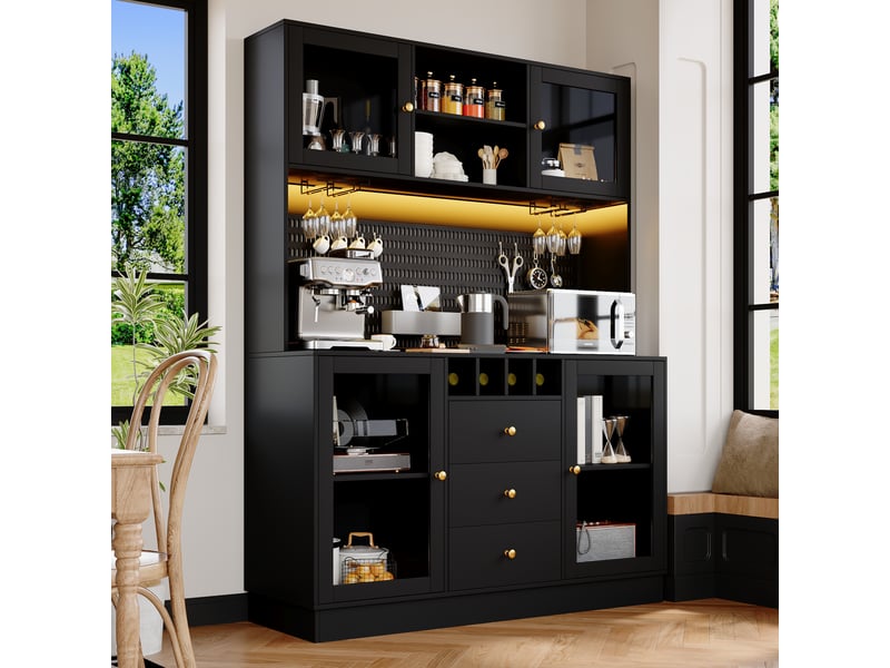 Meuble de cuisine muvano, buffet haut noir avec éclairage led, 140 × 40 × 185,7 cm - Conforama B