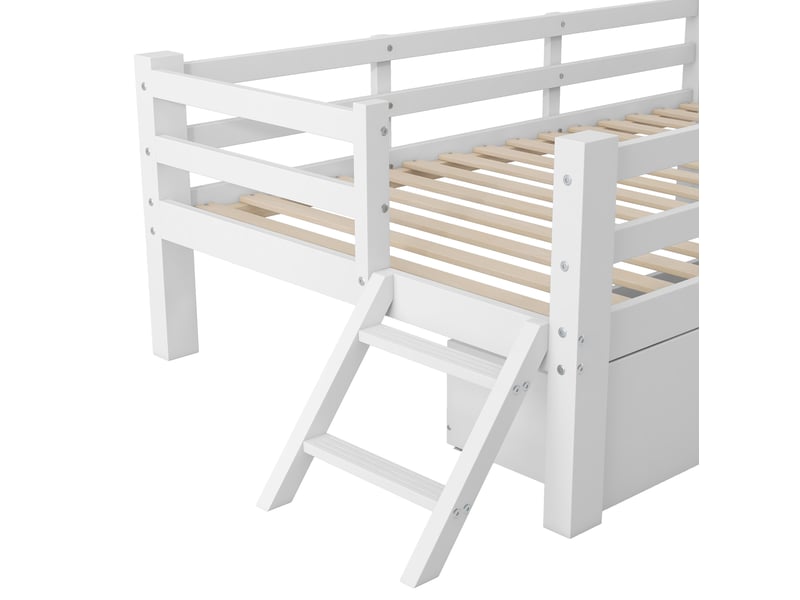  Lit enfant 90x200cm barrières demi-ouvertes 2 tiroirs gain d'espace mdf et contreplaqué pin blanc sans matelas  - Conforama E