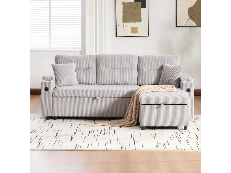  Canapé 3 places modenvie avec chaise longue hydraulique, lit tiroir 2 personnes, rangement, porte-gobelets et usb-c, velours côtelé gris clair 212,5 x 136 x 86 cm  - Conforama D