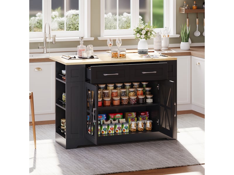 Îlot de cuisine sur roulettes 120cm avec table pliante, prises électriques et portes en verre, desserte noir et bois  - Conforama W