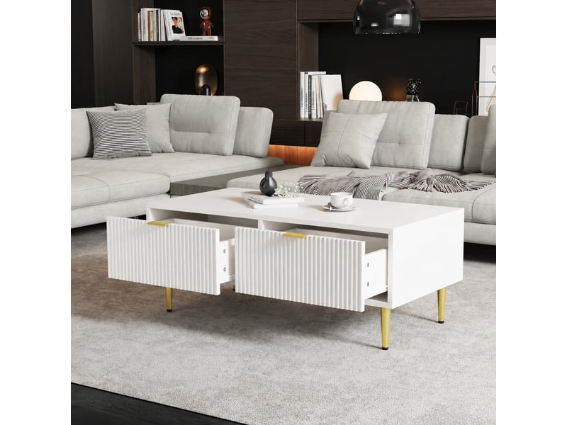 Table basse blanche et dorée, 2 tiroirs rainurés, étagère, 100 x 50 x 40 cm, blanc et doré - Conforama C