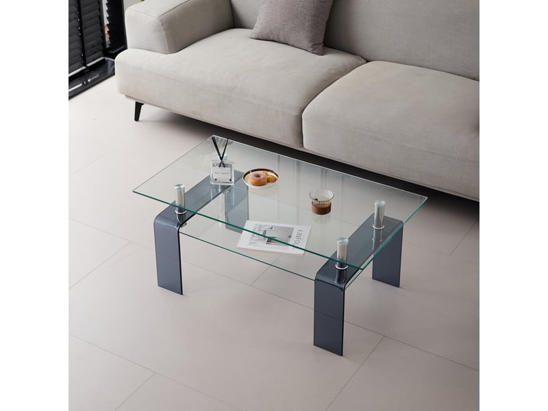  Table basse de salon en verre trempé, 2 plateaux, pieds en verre gris, 100 x 55 x 45 cm Fay Lum - Conforama E