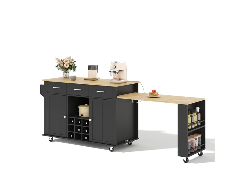 Desserte de cuisine extensible avec 3 tiroirs, range-bouteilles et prises usb, sur 7 roulettes, noir et naturel - Conforama A