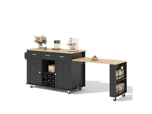 Desserte de cuisine extensible avec 3 tiroirs, range-bouteilles et prises usb, sur 7 roulettes, noir et naturel