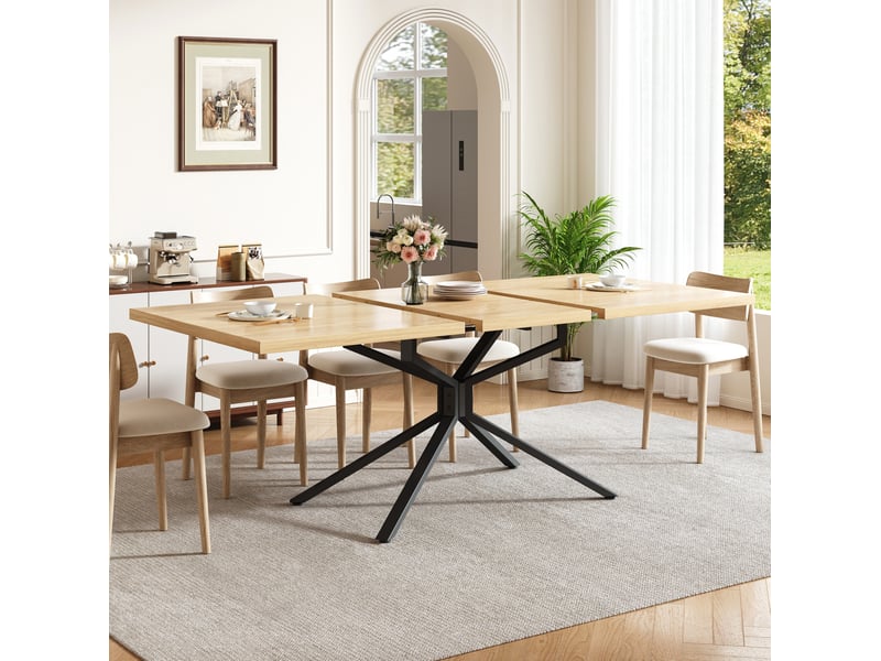  Table à manger extensible 120 à 160 cm en mdf bois clair, piètement étoilé noir, idéale pour 4 à 6 personnes  - Conforama E