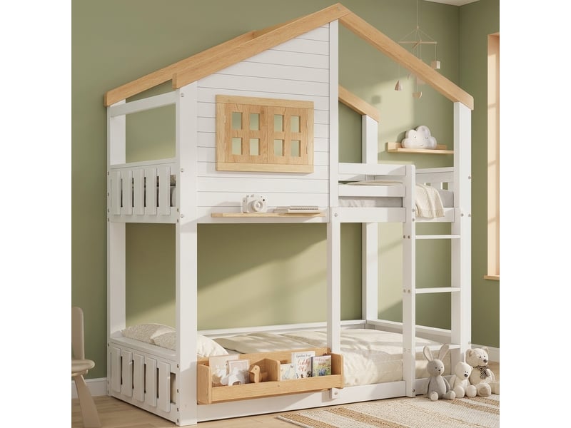  Lit superposé cabane enfant 90x200cm avec échelle, fenêtre décorative et étagère, couchage double en bois, blanc et naturel evarich - Conforama E