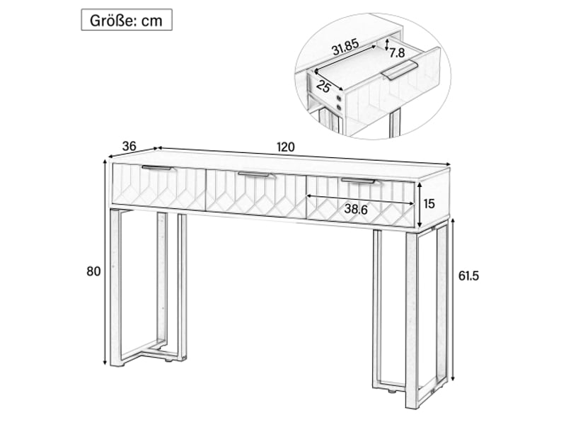  Console moderne avec tiroirs, piètement doré, pieds réglables et poignées élégantes – blanc et noir  - Conforama C