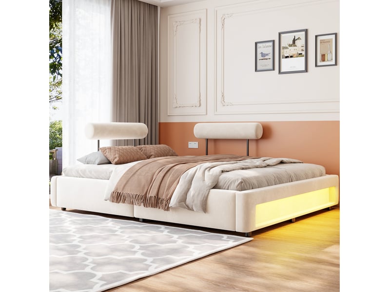 Lit 160x200 cm rembourré avec 2 dossiers réglables et led, velours beige - Conforama D