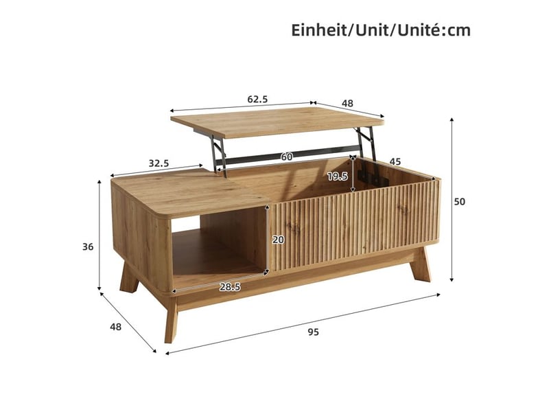  Table basse moderne - aspect ondulé tridimensionnel - plateau réglable en hauteur - espace de rangement caché 95x48x50cm - Conforama D