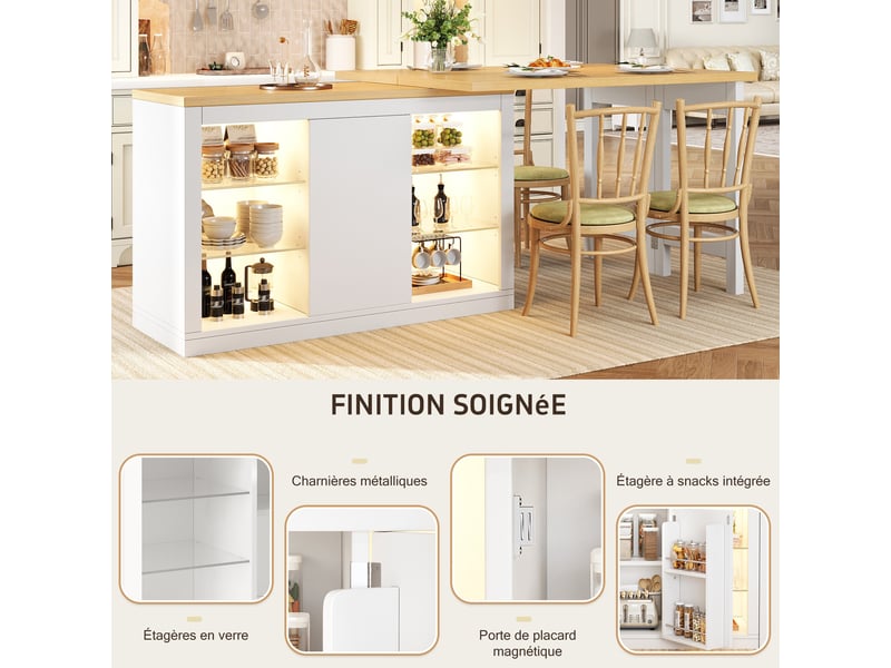 Îlot de cuisine extensible 120-197 cm avec led rgb réglable par application, portes magnétiques, blanc et noir - Conforama D