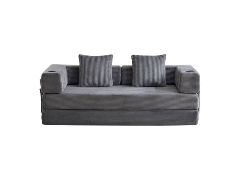  Canapé de sol compressible dossier coussin accoudoir intégré porte-gobelet poche latérale tissu côtelé gris foncé  - Conforama A