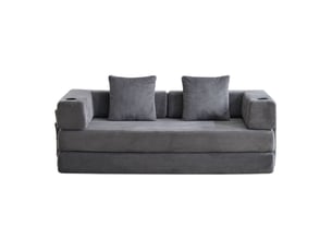 Canapé de sol compressible dossier coussin accoudoir intégré porte-gobelet poche latérale tissu côtelé gris foncé