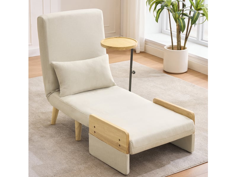 Fauteuil convertible 1 place avec dossier réglable et tablette pivotante en tissu beige - Conforama C